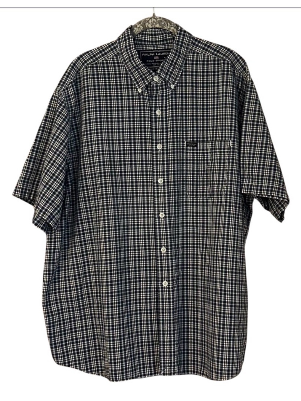 Vintage 90s Ralph Lauren Polo Sport Micro Check Shirt Black White Short Sleeve L